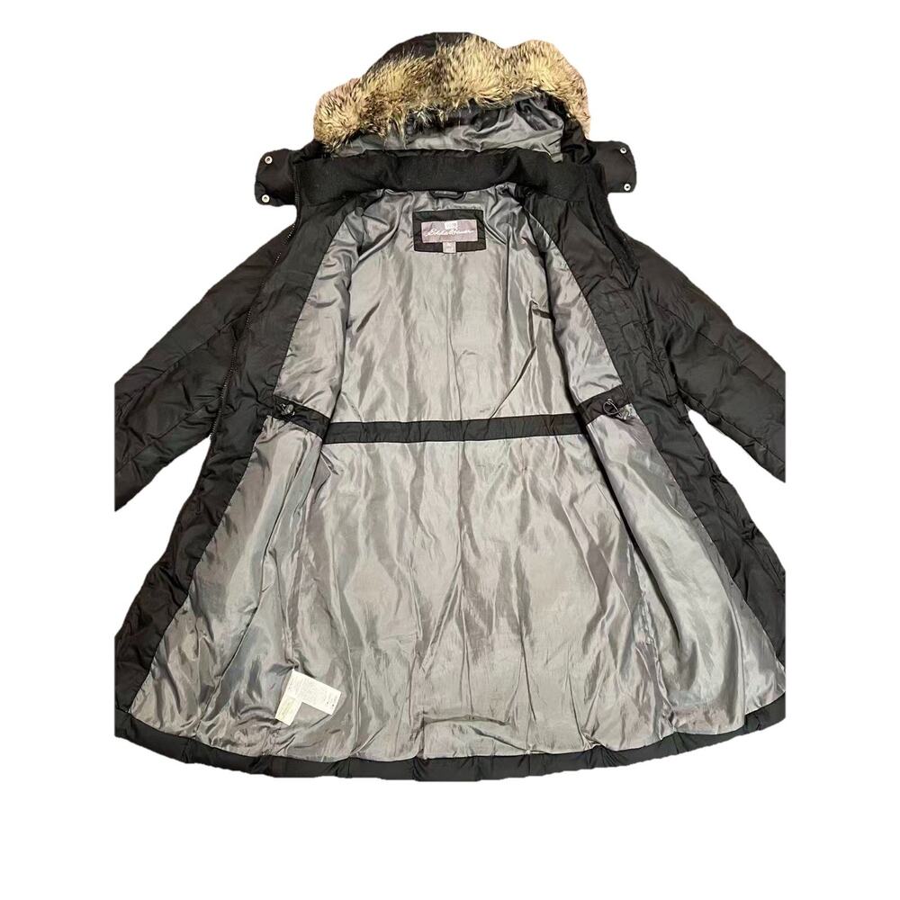 Eddie Bauer Down Puffer Coat Womens Small EB650 Black Faux Fur Hooded Quilted